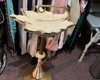 MCM White Gold & Brass Ceramic Leaf Floor Ashtray/Pipe stand
