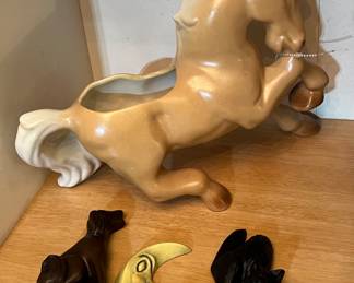 Vintage Horse Planter & vintage ceramic black cat dog & moon set