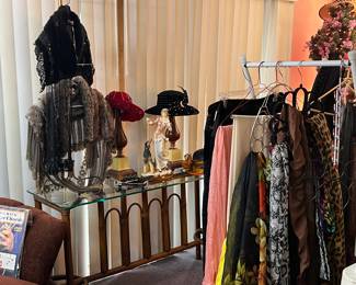 Hats & Scarves of all kinds... Rattan glass top side/ sofa table