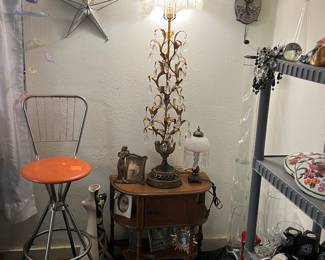 Vintage Atomic Orange Swivel Chair, Vintage Italian Toile Guild Gold & Crystal Prism Table Lamp & many more treasures to be found!