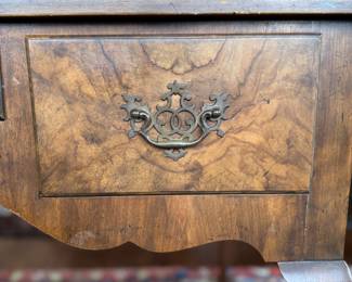 Queen Anne Style Writing Desk with Tooled Leather Top and Three Drawers. Measures 49" W x 27" D x 29.5" H. Photo 3 of 5.