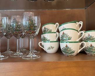 Spode "Christmas Tree" China and Stemware. Pieces Include: Fruit Bowl - 1, Glass Bowls - 12, Wine Glasses - 12, Double Old Fashioneds - 6, Salad Plates - 12
Dinner Plates - 12, Platter - 1. Photo 1 of 2.