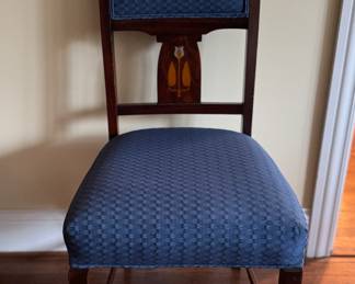 Set of 8 Antique Dining Chair Upholstered in Blue Fabric. Each Measures 17" W with 18" Seat Height. Photo 1 of 4.
