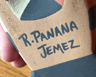 Jemez Pottery Storyteller "Watermelon Break." Signed by Artist Reyes Panana. Measures 7" H x 5" D. Photo 2 of 2.