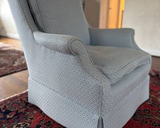 Pair of Custom Upholstered Club Chairs with Down-Filled Cushions - 2 Available. Fabric: Durable Fabric, Fretted Baby Blue Trellis Lattice. Each Measures 30" W x 34" D. Photo 2 of 4. 