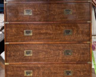 Mid-Century Drexel Furniture Walnut Campaign Style Chest of Drawers with Brass Fittings. Measures 36" x 18" x 46" H. Photo 1 of 2.