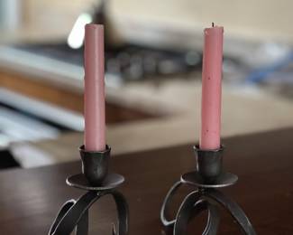 Pair of Blackthorne Forge Sculptural Candleholders. Each Measures 6" H x 5" W.