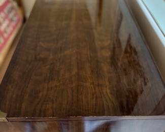 Mid-Century Drexel Furniture Walnut Campaign Style Chest of Drawers with Brass Fittings. Measures 36" x 18" x 46" H. Photo 2 of 2.