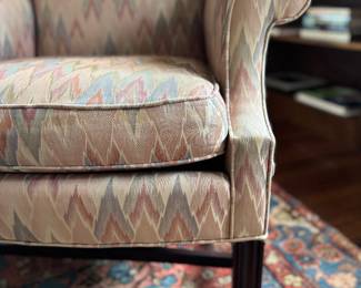 High Back Wing Back Chair Upholstered in Flame Stitch Fabric on Straight Legs. Has Down-Filled Cushion. Measures 33" W x 30" D. Photo 3 of 4.