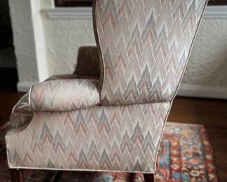 High Back Wing Back Chair Upholstered in Flame Stitch Fabric on Straight Legs. Has Down-Filled Cushion. Measures 33" W x 30" D. Photo 2 of 4.