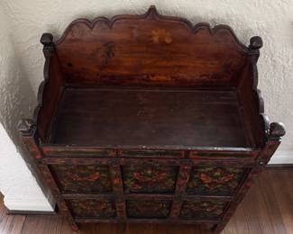 19th-Century Hand-Painted Tibetan Low Cabinet (Pegam or Book Chest). Middle Two "Squares" Open Via Hidden Panels To Reveal Two Interior Shelves. Measures 26" W x 13" D x 36" H. EXCELLENT SHAPE. Photo 2 of 6.
