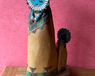 "Sunface," Hand-Carved, Hand-Painted Wood Kachina Doll Signed by Artist, Jarvis Jazzie. Measures 13" W x 7" D. Photo 1 of 2.