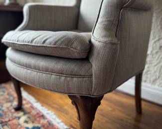 Queen-Anne Style Wing Back Chair with Tufted Down-Filled Cushion on Pad Feet. Fabric: Kravet Smart High Performance. In EXCELLENT SHAPE! Measures 28" W x 30" D. Photo 2 of 5.