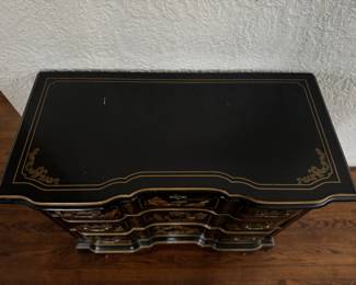 Late 20th Century Drexel Heritage "Et Cetera" Lacquered Chinoiserie Three Drawer Chest. Measures 38.5" W x 19" D x 31" H. Photo 3 of 5.