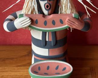 Jemez Pottery Storyteller "Watermelon Break." Signed by Artist Reyes Panana. Measures 7" H x 5" D. Photo 1 of 2.