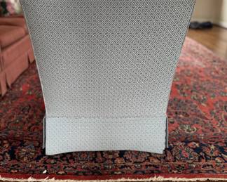 Pair of Custom Upholstered Club Chairs with Down-Filled Cushions - 2 Available. Fabric: Durable Fabric, Fretted Baby Blue Trellis Lattice. Each Measures 30" W x 34" D. Photo 4 of 4.