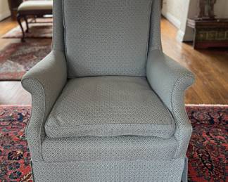 Pair of Custom Upholstered Club Chairs with Down-Filled Cushions - 2 Available. Fabric: Durable Fabric, Fretted Baby Blue Trellis Lattice. Each Measures 30" W x 34" D. Photo 1 of 4.