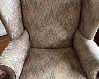 High Back Wing Back Chair Upholstered in Flame Stitch Fabric on Straight Legs. Has Down-Filled Cushion. Measures 33" W x 30" D. Photo 4 of 4.
