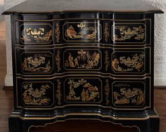 Late 20th Century Drexel Heritage "Et Cetera" Lacquered Chinoiserie Three Drawer Chest. Measures 38.5" W x 19" D x 31" H. Photo 1 of 5.