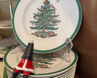 Spode "Christmas Tree" China and Stemware. Pieces Include: Fruit Bowl - 1, Glass Bowls - 12, Wine Glasses - 12, Double Old Fashioneds - 6, Salad Plates - 12
Dinner Plates - 12, Platter - 1. Photo 2 of 2.