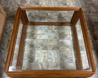 Mid-Century Glass Coffee Table with Wood Frame. Measures 32" x 32" x 16" H.