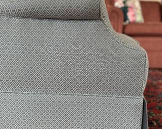 Pair of Custom Upholstered Club Chairs with Down-Filled Cushions - 2 Available. Fabric: Durable Fabric, Fretted Baby Blue Trellis Lattice. Each Measures 30" W x 34" D. Photo 3 of 4.