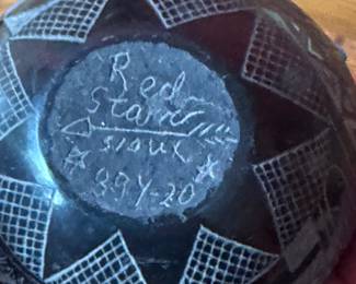 Rounded Blackware Pottery Vase with Sgraffito Carving and Turquoise Trim Signed by Red Starr, Sioux. Measures 4" H. Photo 2 of 2.