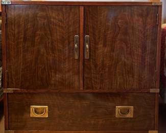 Mid-Century Drexel Furniture Two-Door Walnut Campaign Style Cabinet with Drawer and Brass Fittings. Doors Need Adjusting. Measures 30" x 18" x 29" H. Photo 1 of 2.