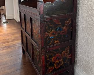 19th-Century Hand-Painted Tibetan Low Cabinet (Pegam or Book Chest). Middle Two "Squares" Open Via Hidden Panels To Reveal Two Interior Shelves. Measures 26" W x 13" D x 36" H. EXCELLENT SHAPE. Photo 3 of 6.