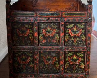 19th-Century Hand-Painted Tibetan Low Cabinet (Pegam or Book Chest). Middle Two "Squares" Open Via Hidden Panels To Reveal Two Interior Shelves. Measures 26" W x 13" D x 36" H. EXCELLENT SHAPE. Photo 1 of 6.