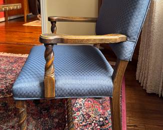 Pair of Upholstered Arm Chairs with Barley Twist Frames. Each Measures 26" W with 18" Seat Height. Photo 2 of 3.