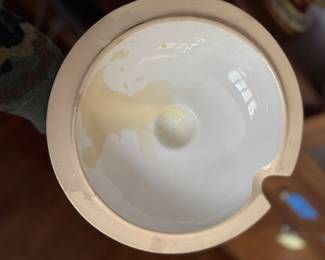 Covered Tureen Marked "Geschutzt 2339" And "1028". Polychrome Transfer Decoration Of Elves Producing Wine For Bacchus. Measures 17" W x 16" H. Photo 2 of 5.