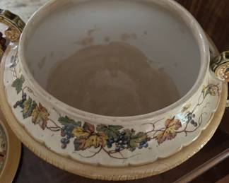 Covered Tureen Marked "Geschutzt 2339" And "1028". Polychrome Transfer Decoration Of Elves Producing Wine For Bacchus. Measures 17" W x 16" H. Photo 3 of 5.