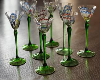 Set of 8 Hand-Painted Green Stem Crystal Cordials.