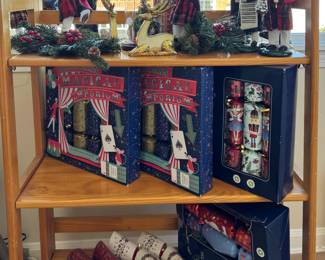 Byers Choice Carolers, Christmas Crackers and Bookshelf.