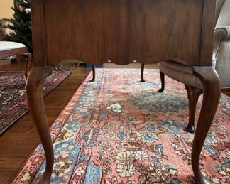 Queen Anne Style Writing Desk with Tooled Leather Top and Three Drawers. Measures 49" W x 27" D x 29.5" H. Photo 4 of 5.