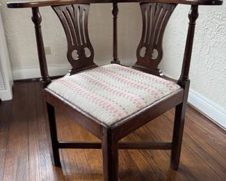 American Georgian Corner Chair with Carved Splat Backs, Scrolled Arms On Squared Legs. Measures 30" W x 25" D with 18" Seat Height. Photo 1 of 5.