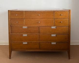 Basic Witz Mid-Century Modern Walnut Chest of Drawers with Brass Pulls. Measures 54" W x 18" D x 43" H. Photo 1 of 3.