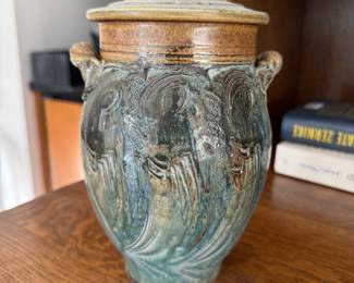 Glazed Earthenware Lidded Urn. Studio Pottery Signed by Artist, Wyatt Lane. Photo 1 of 3.