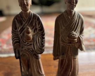 Pair of Japanese Hand-Carved Wood Figurines. Each Measures 16" H. Photo 1 of 4.