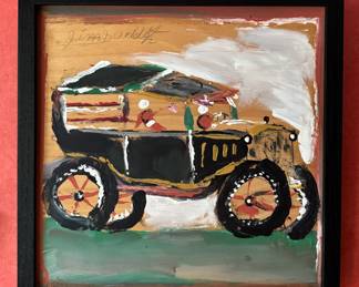 "Folk Art Car," Signed in Pencil by Jimmy Lee Sudduth. Measures 13" x 13". Photo 1 of 2.