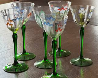 Set of 6 Hand-Painted Green Stemmed Cordials.