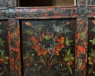 19th-Century Hand-Painted Tibetan Low Cabinet (Pegam or Book Chest). Middle Two "Squares" Open Via Hidden Panels To Reveal Two Interior Shelves. Measures 26" W x 13" D x 36" H. EXCELLENT SHAPE. Photo 5 of 6.