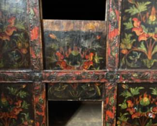 19th-Century Hand-Painted Tibetan Low Cabinet (Pegam or Book Chest). Middle Two "Squares" Open Via Hidden Panels To Reveal Two Interior Shelves. Measures 26" W x 13" D x 36" H. EXCELLENT SHAPE. Photo 6 of 6.