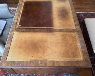 Queen Anne Style Writing Desk with Tooled Leather Top and Three Drawers. Measures 49" W x 27" D x 29.5" H. Photo 5 of 5.