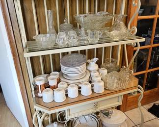 Baker's rack and dishware.
