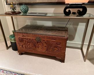 Ornate carved camphor wood chest