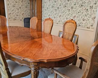 Dining Room Table with Eight Cane Back/Upholstered Seat Chairs 