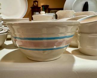 Vtg McCoy Pottery USA 8” Mixing Bowl Pink & Blue Stripe Banded Farmhouse Pattern