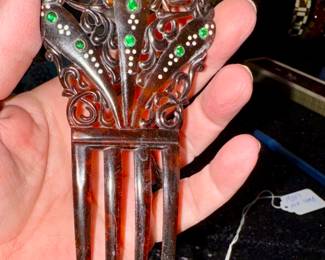 Antique ART NOUVEAU HAIR COMB CURVED FAUX TORTOISE
SHELL GREEN RHINESTONES